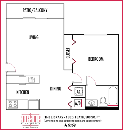 Floor plan for 1 bed, 1 bath, 658 sqft